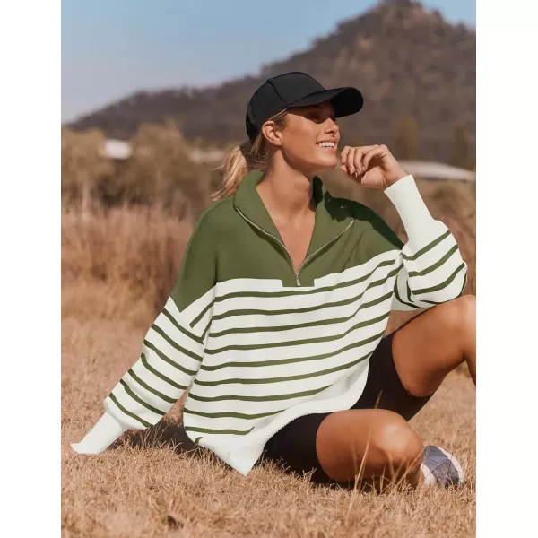 imageZESICA Womens Striped Sweaters Half Zipper Long Sleeve Ribbed Knit Loose Oversized Fall Pullover Sweater TopsArmygreen