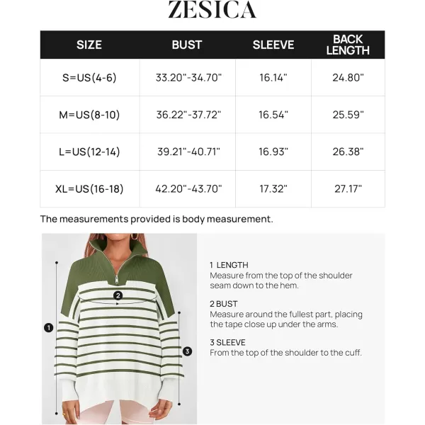 imageZESICA Womens Striped Sweaters Half Zipper Long Sleeve Ribbed Knit Loose Oversized Fall Pullover Sweater TopsArmygreen