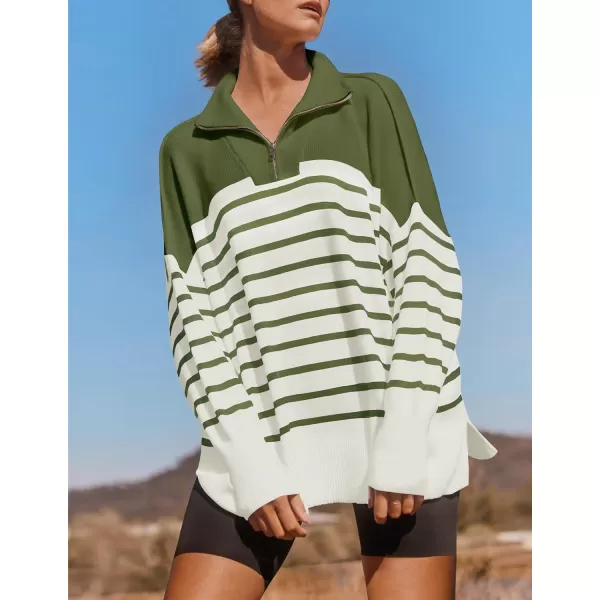 imageZESICA Womens Striped Sweaters Half Zipper Long Sleeve Ribbed Knit Loose Oversized Fall Pullover Sweater TopsArmygreen