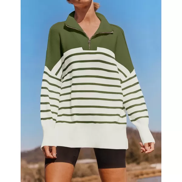 imageZESICA Womens Striped Sweaters Half Zipper Long Sleeve Ribbed Knit Loose Oversized Fall Pullover Sweater TopsArmygreen