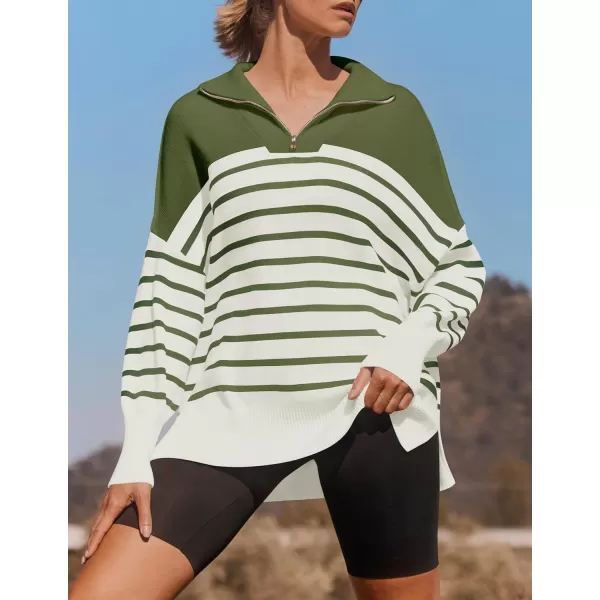 imageZESICA Womens Striped Sweaters Half Zipper Long Sleeve Ribbed Knit Loose Oversized Fall Pullover Sweater TopsArmygreen