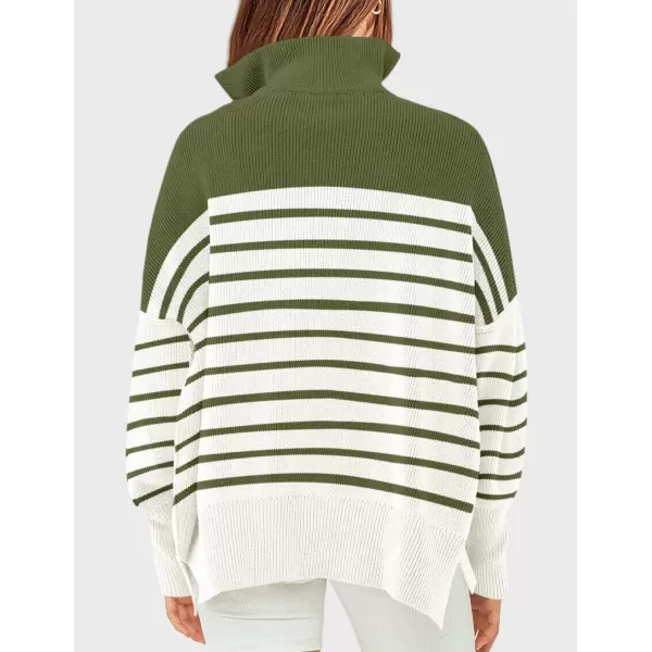 imageZESICA Womens Striped Sweaters Half Zipper Long Sleeve Ribbed Knit Loose Oversized Fall Pullover Sweater TopsArmygreen