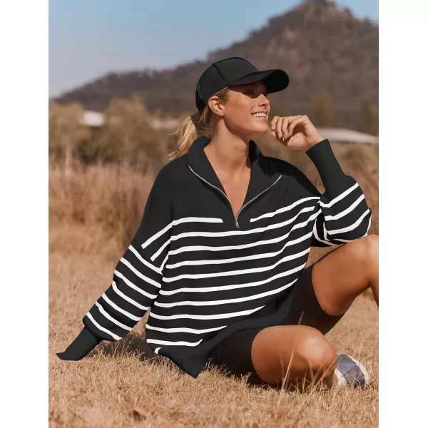 imageZESICA Womens Striped Sweaters Half Zipper Long Sleeve Ribbed Knit Loose Oversized Fall Pullover Sweater TopsBlack