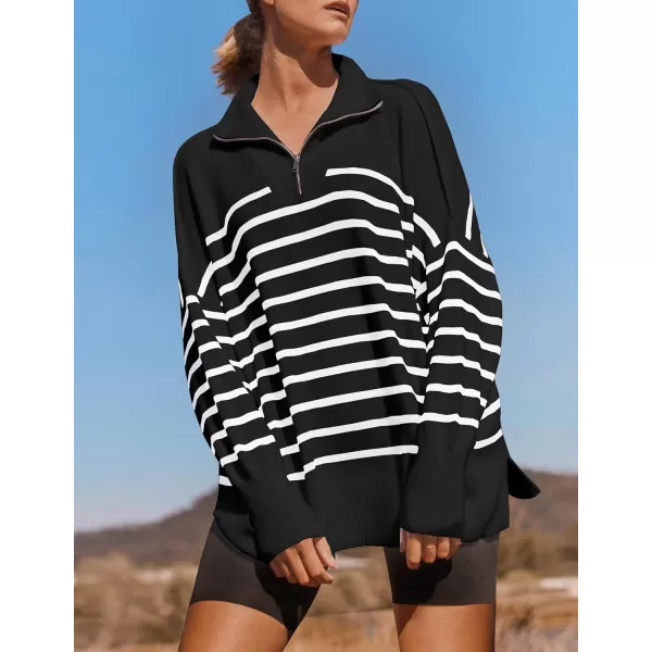 imageZESICA Womens Striped Sweaters Half Zipper Long Sleeve Ribbed Knit Loose Oversized Fall Pullover Sweater TopsBlack