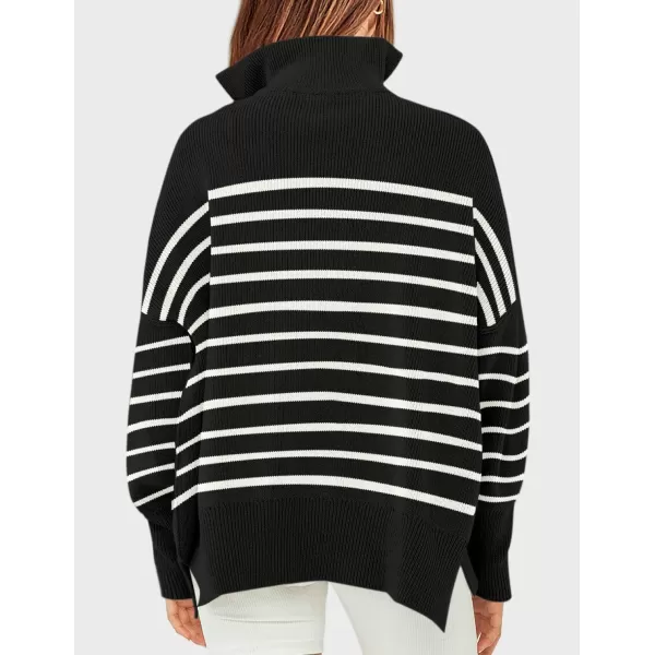 imageZESICA Womens Striped Sweaters Half Zipper Long Sleeve Ribbed Knit Loose Oversized Fall Pullover Sweater TopsBlack