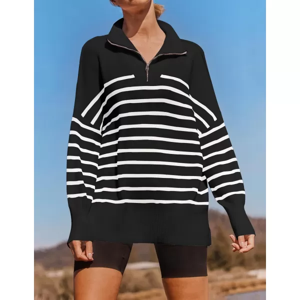 imageZESICA Womens Striped Sweaters Half Zipper Long Sleeve Ribbed Knit Loose Oversized Fall Pullover Sweater TopsBlack