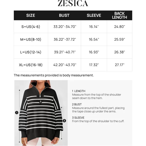 imageZESICA Womens Striped Sweaters Half Zipper Long Sleeve Ribbed Knit Loose Oversized Fall Pullover Sweater TopsBlack