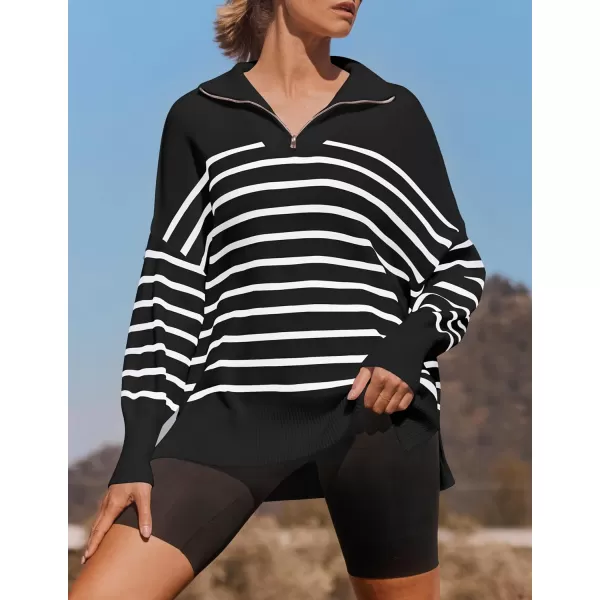 imageZESICA Womens Striped Sweaters Half Zipper Long Sleeve Ribbed Knit Loose Oversized Fall Pullover Sweater TopsBlack