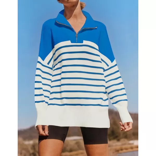 imageZESICA Womens Striped Sweaters Half Zipper Long Sleeve Ribbed Knit Loose Oversized Fall Pullover Sweater TopsBlue