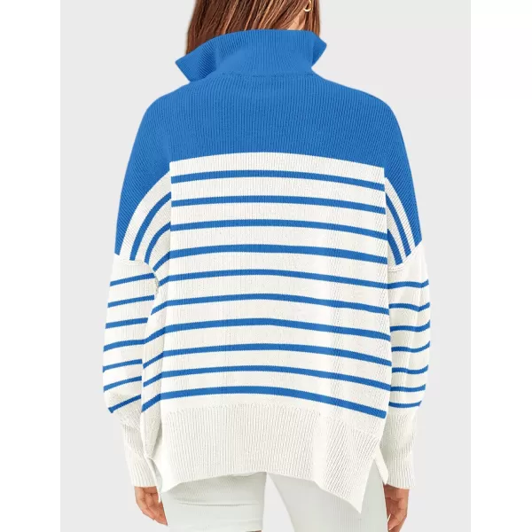 imageZESICA Womens Striped Sweaters Half Zipper Long Sleeve Ribbed Knit Loose Oversized Fall Pullover Sweater TopsBlue