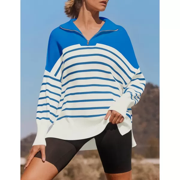 imageZESICA Womens Striped Sweaters Half Zipper Long Sleeve Ribbed Knit Loose Oversized Fall Pullover Sweater TopsBlue