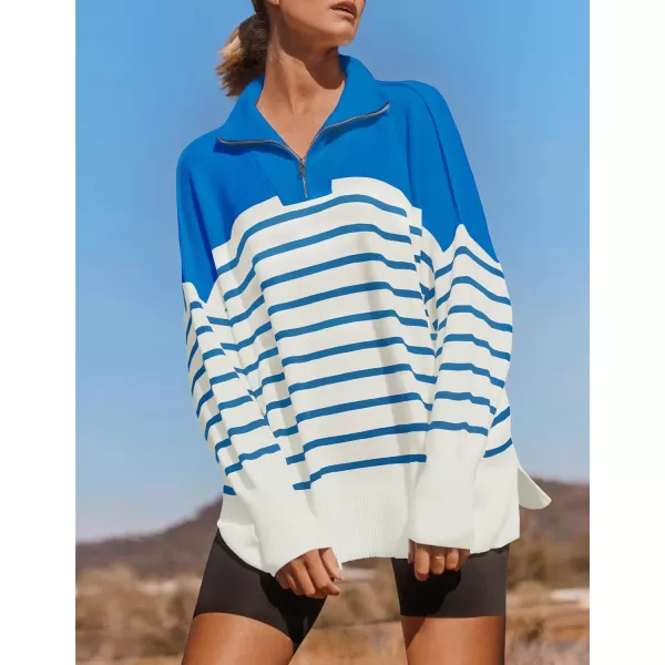 imageZESICA Womens Striped Sweaters Half Zipper Long Sleeve Ribbed Knit Loose Oversized Fall Pullover Sweater TopsBlue