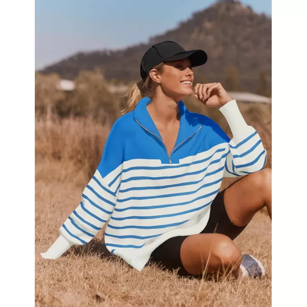 imageZESICA Womens Striped Sweaters Half Zipper Long Sleeve Ribbed Knit Loose Oversized Fall Pullover Sweater TopsBlue