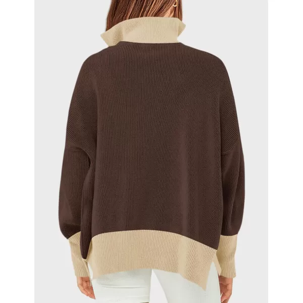 imageZESICA Womens Striped Sweaters Half Zipper Long Sleeve Ribbed Knit Loose Oversized Fall Pullover Sweater TopsCoffee