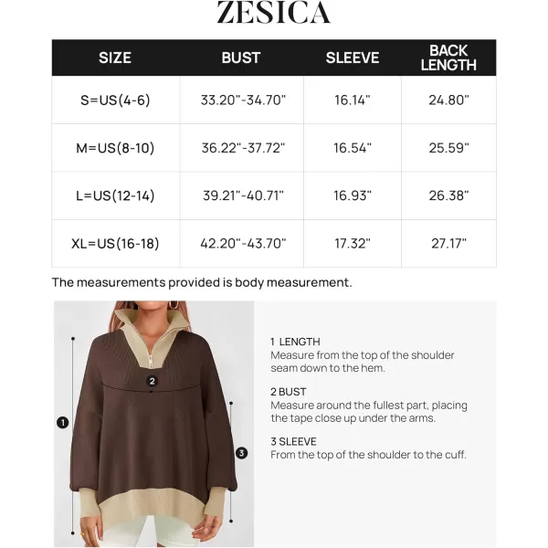 imageZESICA Womens Striped Sweaters Half Zipper Long Sleeve Ribbed Knit Loose Oversized Fall Pullover Sweater TopsCoffee