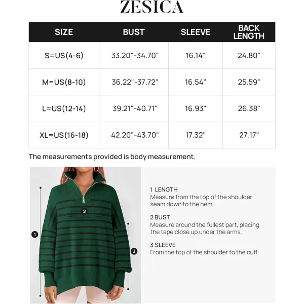 imageZESICA Womens Striped Sweaters Half Zipper Long Sleeve Ribbed Knit Loose Oversized Fall Pullover Sweater TopsDarkgreen
