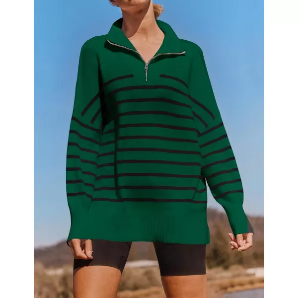 imageZESICA Womens Striped Sweaters Half Zipper Long Sleeve Ribbed Knit Loose Oversized Fall Pullover Sweater TopsDarkgreen