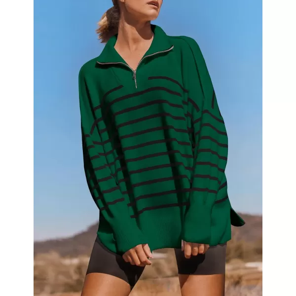 imageZESICA Womens Striped Sweaters Half Zipper Long Sleeve Ribbed Knit Loose Oversized Fall Pullover Sweater TopsDarkgreen