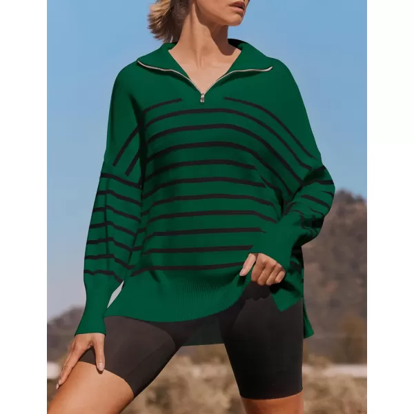 imageZESICA Womens Striped Sweaters Half Zipper Long Sleeve Ribbed Knit Loose Oversized Fall Pullover Sweater TopsDarkgreen