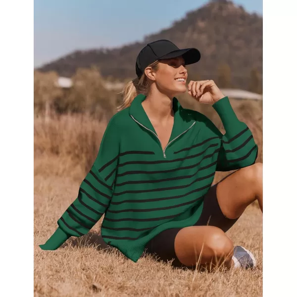 imageZESICA Womens Striped Sweaters Half Zipper Long Sleeve Ribbed Knit Loose Oversized Fall Pullover Sweater TopsDarkgreen