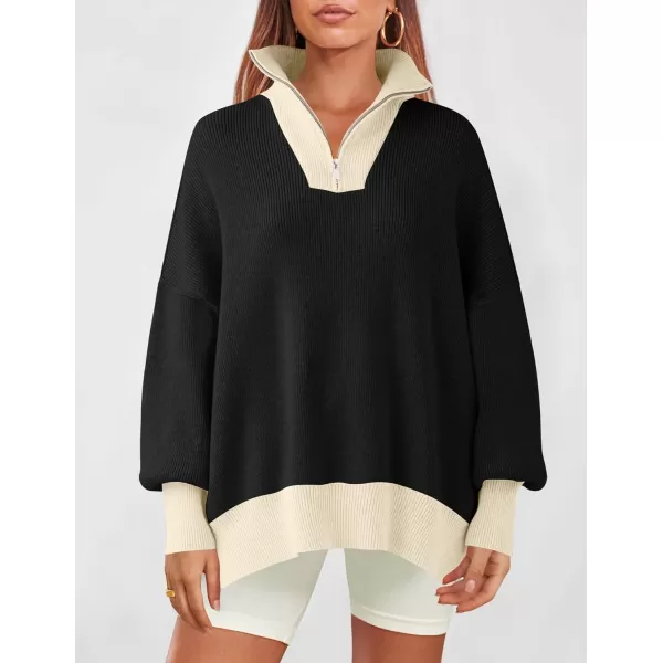 imageZESICA Womens Striped Sweaters Half Zipper Long Sleeve Ribbed Knit Loose Oversized Fall Pullover Sweater TopsDim