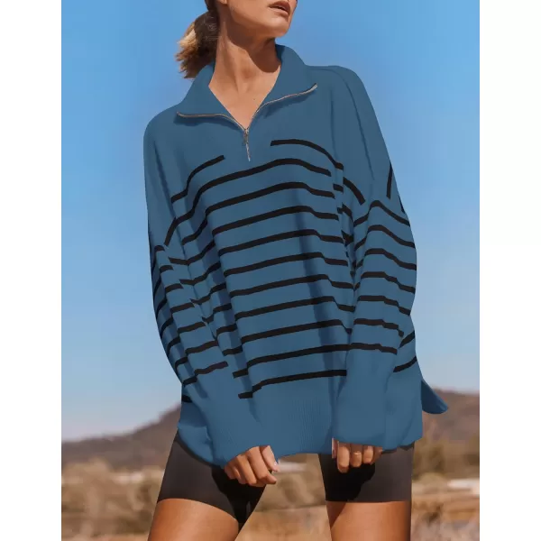 imageZESICA Womens Striped Sweaters Half Zipper Long Sleeve Ribbed Knit Loose Oversized Fall Pullover Sweater TopsDustyblue