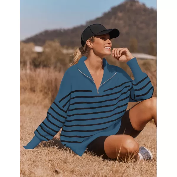 imageZESICA Womens Striped Sweaters Half Zipper Long Sleeve Ribbed Knit Loose Oversized Fall Pullover Sweater TopsDustyblue
