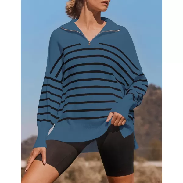 imageZESICA Womens Striped Sweaters Half Zipper Long Sleeve Ribbed Knit Loose Oversized Fall Pullover Sweater TopsDustyblue
