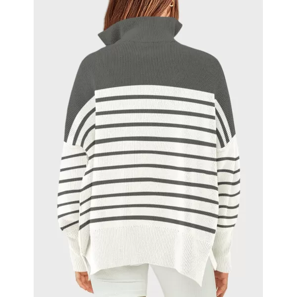 imageZESICA Womens Striped Sweaters Half Zipper Long Sleeve Ribbed Knit Loose Oversized Fall Pullover Sweater TopsGrey