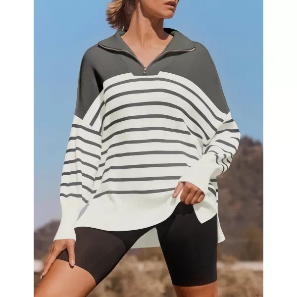 imageZESICA Womens Striped Sweaters Half Zipper Long Sleeve Ribbed Knit Loose Oversized Fall Pullover Sweater TopsGrey