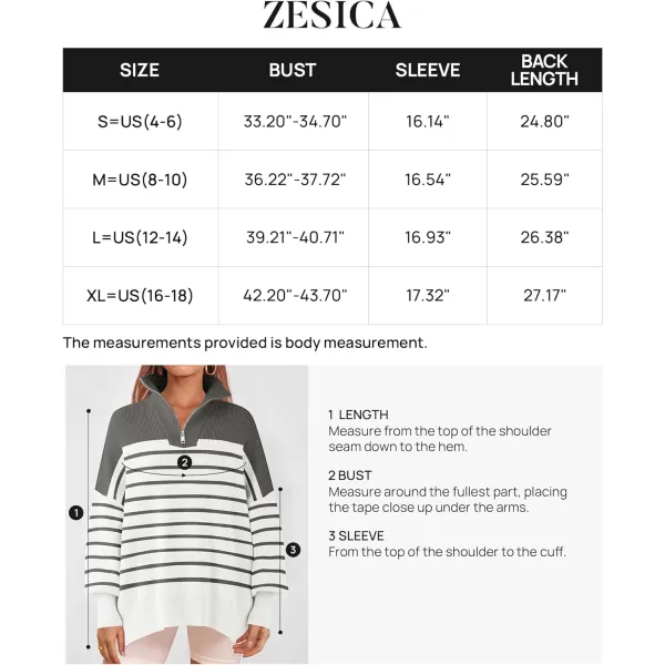 imageZESICA Womens Striped Sweaters Half Zipper Long Sleeve Ribbed Knit Loose Oversized Fall Pullover Sweater TopsGrey