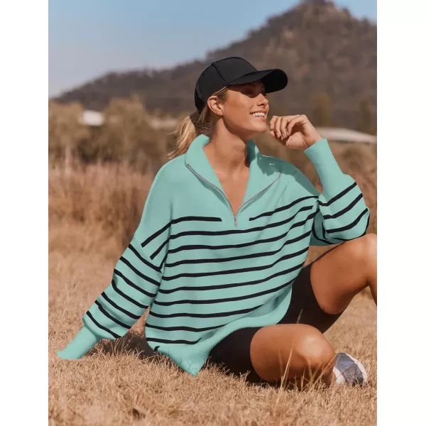imageZESICA Womens Striped Sweaters Half Zipper Long Sleeve Ribbed Knit Loose Oversized Fall Pullover Sweater TopsLake