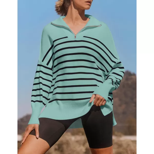 imageZESICA Womens Striped Sweaters Half Zipper Long Sleeve Ribbed Knit Loose Oversized Fall Pullover Sweater TopsLake