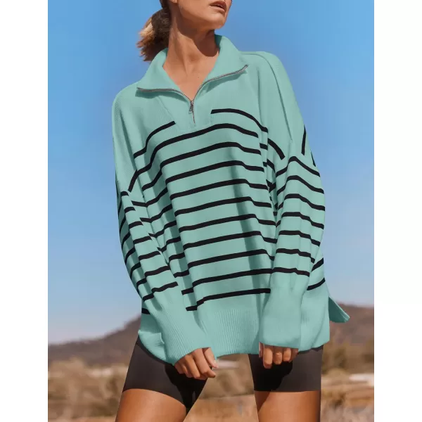 imageZESICA Womens Striped Sweaters Half Zipper Long Sleeve Ribbed Knit Loose Oversized Fall Pullover Sweater TopsLake