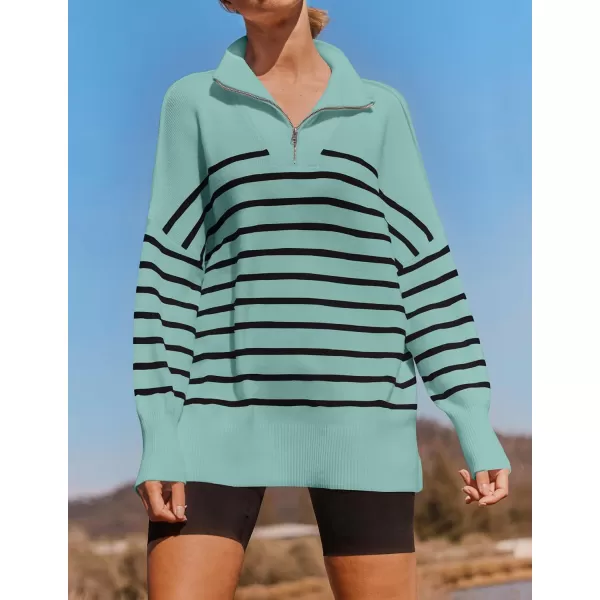 imageZESICA Womens Striped Sweaters Half Zipper Long Sleeve Ribbed Knit Loose Oversized Fall Pullover Sweater TopsLake