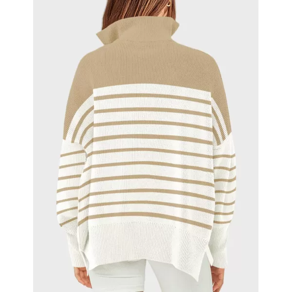 imageZESICA Womens Striped Sweaters Half Zipper Long Sleeve Ribbed Knit Loose Oversized Fall Pullover Sweater TopsLightkhaki