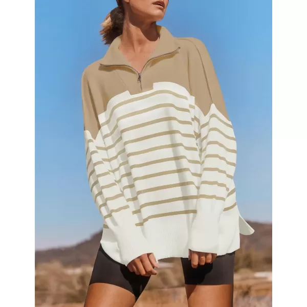 imageZESICA Womens Striped Sweaters Half Zipper Long Sleeve Ribbed Knit Loose Oversized Fall Pullover Sweater TopsLightkhaki