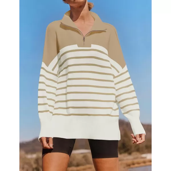 imageZESICA Womens Striped Sweaters Half Zipper Long Sleeve Ribbed Knit Loose Oversized Fall Pullover Sweater TopsLightkhaki