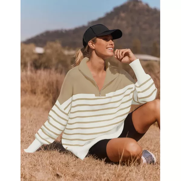 imageZESICA Womens Striped Sweaters Half Zipper Long Sleeve Ribbed Knit Loose Oversized Fall Pullover Sweater TopsLightkhaki