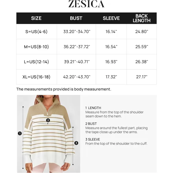 imageZESICA Womens Striped Sweaters Half Zipper Long Sleeve Ribbed Knit Loose Oversized Fall Pullover Sweater TopsLightkhaki