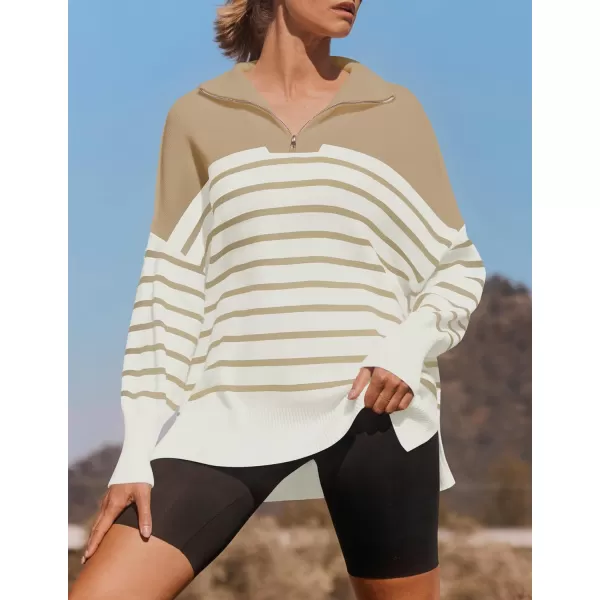 imageZESICA Womens Striped Sweaters Half Zipper Long Sleeve Ribbed Knit Loose Oversized Fall Pullover Sweater TopsLightkhaki