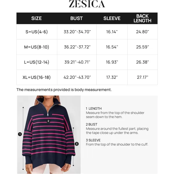 imageZESICA Womens Striped Sweaters Half Zipper Long Sleeve Ribbed Knit Loose Oversized Fall Pullover Sweater TopsNavyrose