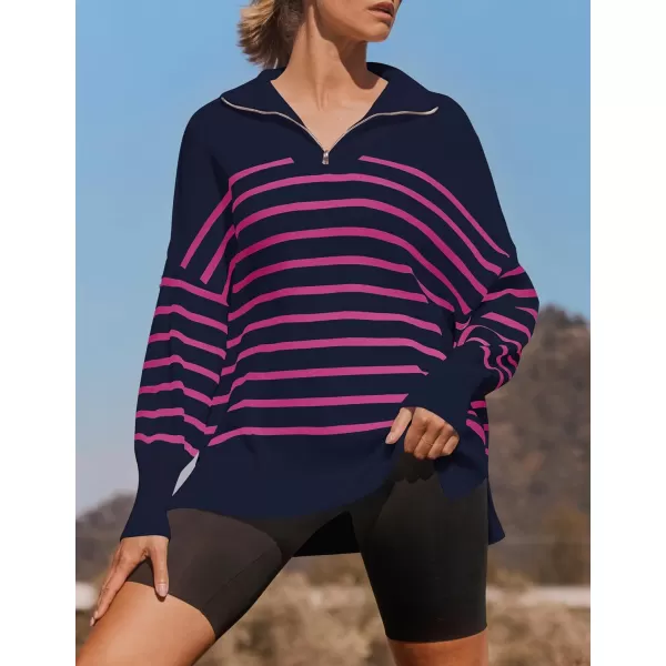 imageZESICA Womens Striped Sweaters Half Zipper Long Sleeve Ribbed Knit Loose Oversized Fall Pullover Sweater TopsNavyrose