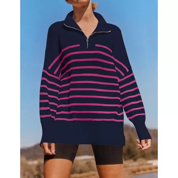 imageZESICA Womens Striped Sweaters Half Zipper Long Sleeve Ribbed Knit Loose Oversized Fall Pullover Sweater TopsNavyrose