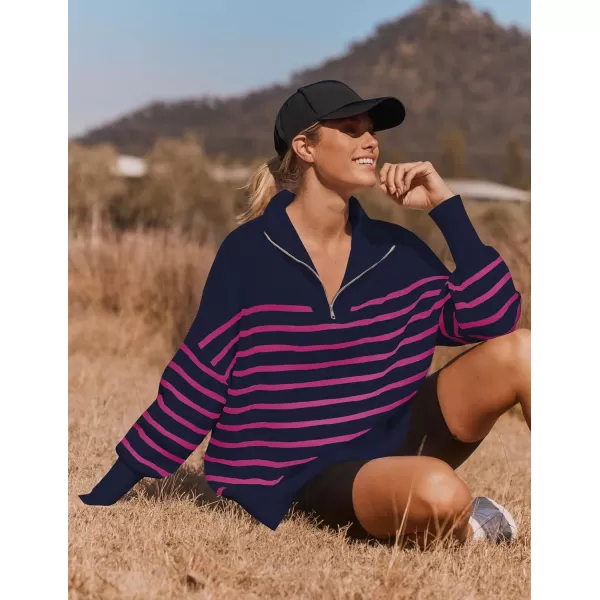 imageZESICA Womens Striped Sweaters Half Zipper Long Sleeve Ribbed Knit Loose Oversized Fall Pullover Sweater TopsNavyrose