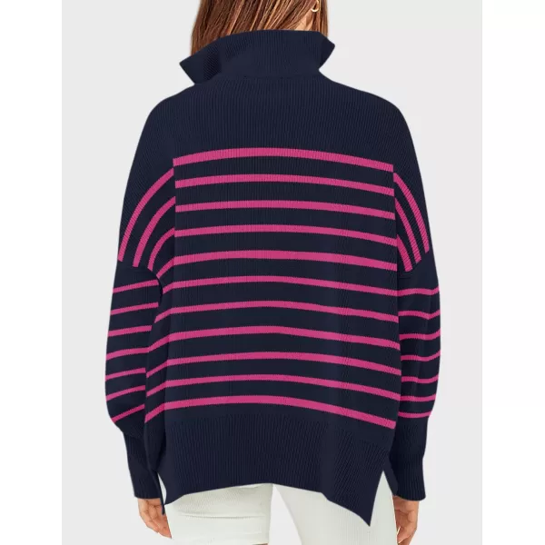 imageZESICA Womens Striped Sweaters Half Zipper Long Sleeve Ribbed Knit Loose Oversized Fall Pullover Sweater TopsNavyrose
