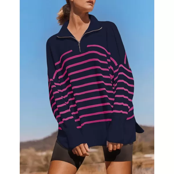 imageZESICA Womens Striped Sweaters Half Zipper Long Sleeve Ribbed Knit Loose Oversized Fall Pullover Sweater TopsNavyrose