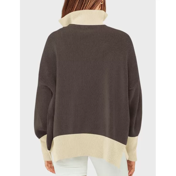 imageZESICA Womens Striped Sweaters Half Zipper Long Sleeve Ribbed Knit Loose Oversized Fall Pullover Sweater TopsNutmeg