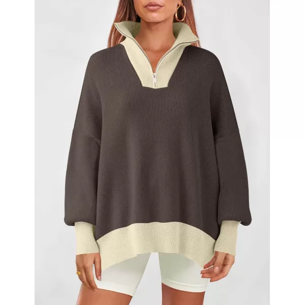 imageZESICA Womens Striped Sweaters Half Zipper Long Sleeve Ribbed Knit Loose Oversized Fall Pullover Sweater TopsNutmeg