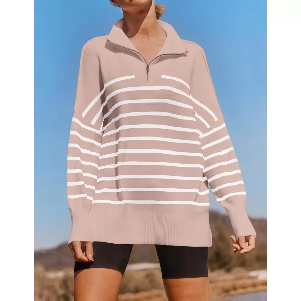 imageZESICA Womens Striped Sweaters Half Zipper Long Sleeve Ribbed Knit Loose Oversized Fall Pullover Sweater TopsPink